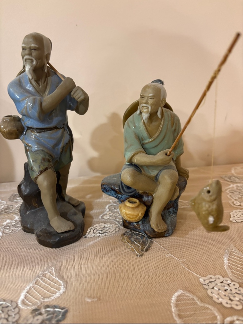 Ceramic Fisherman Figurine in Blue-Green Glaze - Home Art Accent